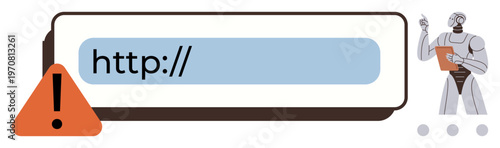 Cybersecurity, online safety, digital threats, authentication, system alerts, web monitoring. Web address with warning symbol and a robot holding a clipboard. Cybersecurity and online safety concept