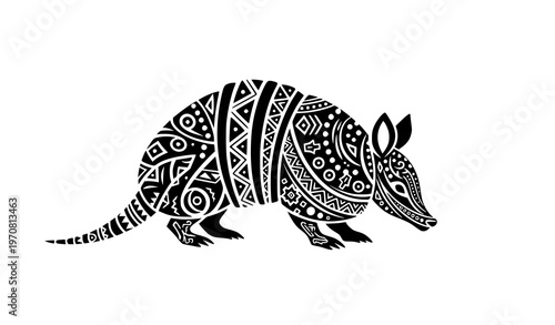 Tribal armadillo silhouette vector with decorative ethnic patterns isolated on white background southwestern style animal design