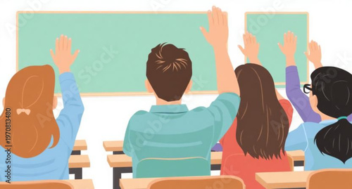 A group of diverse students and a teacher engage in a learning lesson inside a classroom with books and computers in this vector illustration