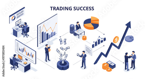 Global trading success concept features investors analyzing stock market data across multiple screens with rising graphs and money elements.