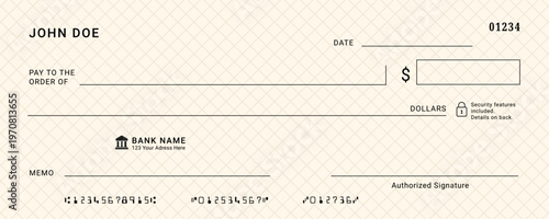 Blank bank check. Money payment bank check voucher or pay cash cheque financial document certificate