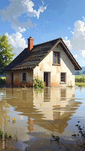 A house partially submerged in floodwater with a blue sky