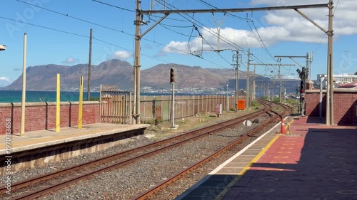 Train line at Muizenberg Station in Muizenberg, near Cape Town.