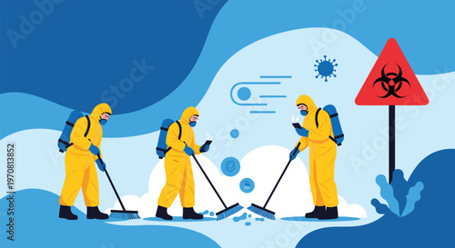 Professional decontamination team in yellow hazmat suits uses brooms to clean up hazardous waste near a biohazard warning sign in an area.