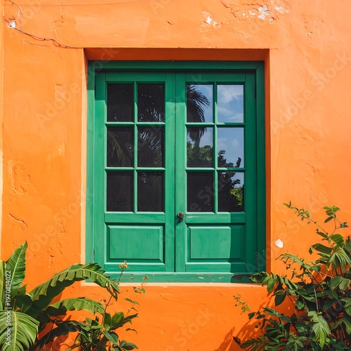 A vibrant orange wall with a green double door window