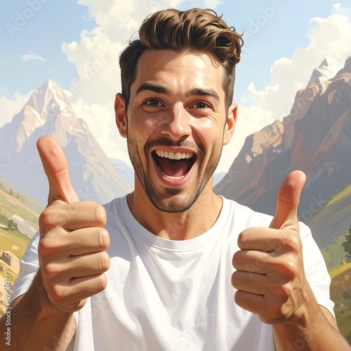 A man gives two thumbs up in front of a mountain range