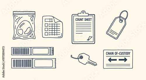 Collection of hand drawn security and identification elements isolated on transparent background