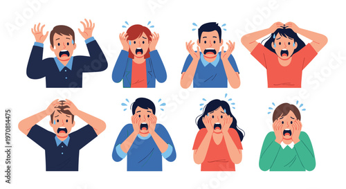 Collection of human characters showing extreme stress, panic, and shock with expressive faces and hands on their heads in various colors.