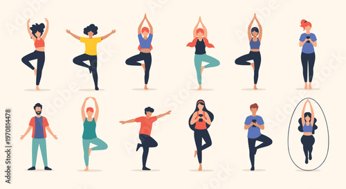 Diverse group of people practicing various yoga poses and stretches to improve health and flexibility against a plain warm background.
