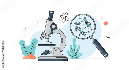 Scientific research equipment includes a modern microscope and a magnifying glass revealing bacteria and microorganisms on a slide.