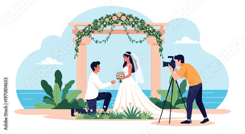 Romantic marriage proposal on a tropical beach shows a man kneeling before his bride under a floral arch while a photographer films.