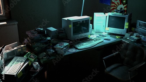 A cluttered old seedy office workstation at night, with retro 1990s period computer equipment and assorted electronics gear stripped down for repair - smooth rising left to right pan shot