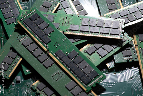 PC RAM modules for faster computing. DDR RAM memory chips detail. Professional memory for servers and workstations. PC RAM modules for system expansion. Modern DDR RAM chips.