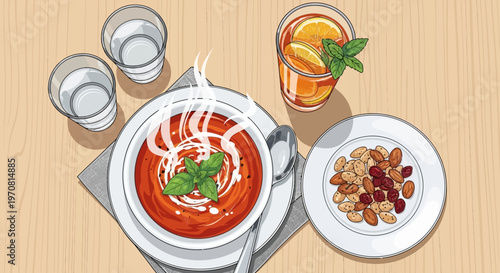 delicious tomato soup with cream and herbs on table with snacks and drinks