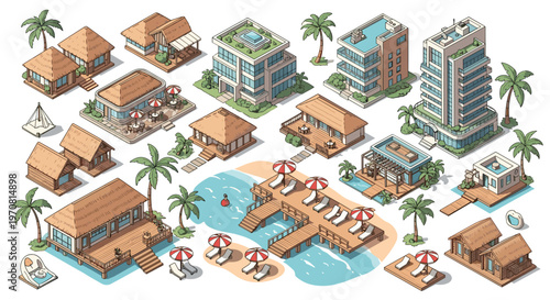 Extensive isometric set of coastal resort architecture includes beach bungalows, modern hotels, palm trees, and seaside relaxation areas.