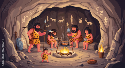 Prehistoric cavemen family gathers around a warm campfire inside a decorated stone cave while preparing food with primitive bone tools.