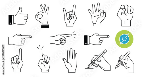 Set of black and white hand gesture icons includes thumbs up, okay sign, pointing finger, clenched fist, and hand writing with a pen.
