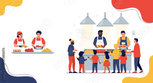 Diverse volunteers serve hot meals to people in need at a local soup kitchen or community charity center during a food drive event.