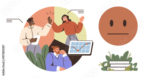 Team collaboration, workplace strategy, emotional intelligence, goal achievement, professional growth, data analysis. Group engaging in teamwork, graph display neutral face icon. Team collaboration