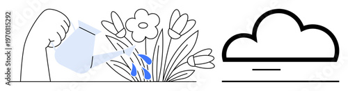 Growth, environmental care, sustainability, gardening, weather, nurturing. A hand pouring water on flowers and a minimalistic cloud outline. Growth and environmental care conceptual ion