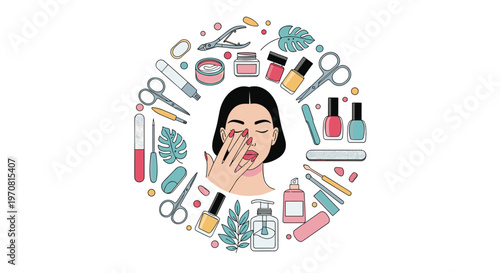 Central portrait of a woman surrounded by a circular arrangement of manicure tools, nail polish bottles, and spa beauty accessories.