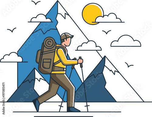 Solo Hiker Trekking in the Mountains - Adventure and Outdoor Exploration Illustration