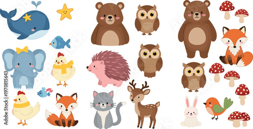 Cute Forest Animals Cartoon Character Set with Bear, Fox, Owl, Deer, Rabbit, Whale, Elephant, Chicken and Mushroom Illustrations for Kids Design