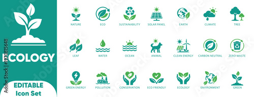 Flat minimalist ecology icon set. sustainability, earth, renewable, energy, composting, solar panel, recycling, and solid icons.