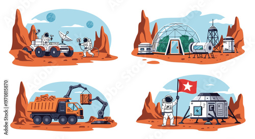 Future space exploration scenes on a red planet feature astronauts, rovers, a dome base, and mining equipment for colony research.