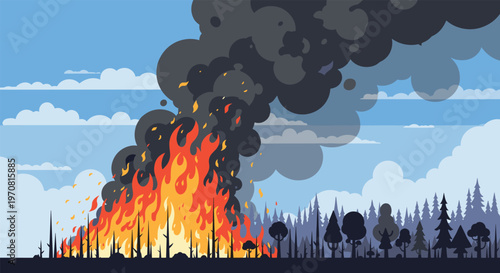 Intense forest fire landscape shows bright orange flames and heavy black smoke columns rising high above charred tree silhouettes.