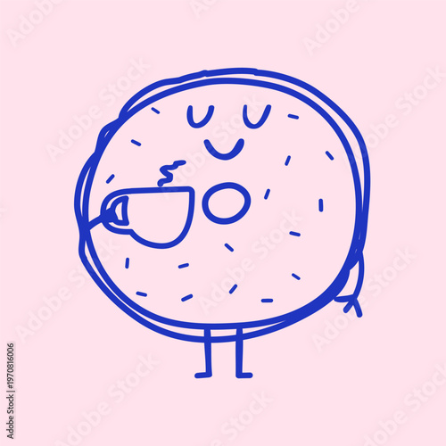 Smiling Cute Bagel Character with Coffee Mug. Flat Vector Illustration On Pink Background.