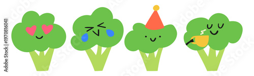 Cute Broccoli Characters Set. One with Coffee, Laughing, Waving and In Love. Flat Hand Drawn Vector Collection On White Background.