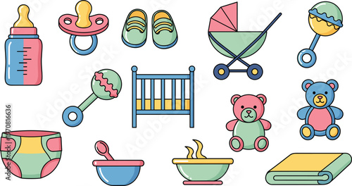Baby Essentials Icons Set with Bottle Pacifier Crib Stroller Toys Shoes Vector