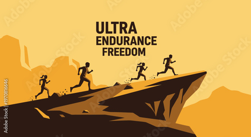 Silhouette Runners Achieve Ultra Endurance and Freedom Upon Rocky Cliff Landscape