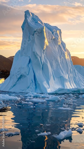 A large blue iceberg in the ocean with a mountainous background