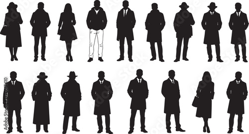 Black vector silhouettes of standing people, men and women wearing winter coats, fashionable outerwear, isolated on a white background illustration.