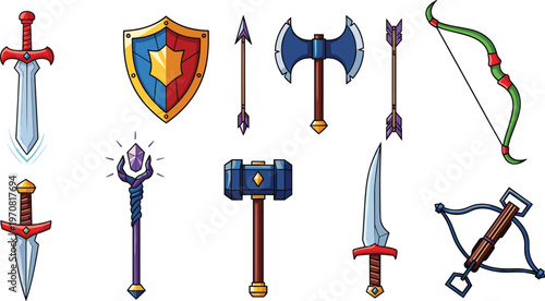Fantasy Weapons Collection with Swords Axe Bow Arrows Hammer Shield Vector