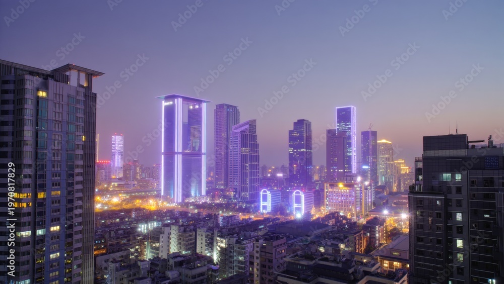 Naklejka premium Modern Cityscape at Dusk with Illuminated Skyscrapers