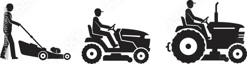 Set of black silhouettes showing people mowing grass with push mower, riding lawnmower, and farm tractor on white background vector.