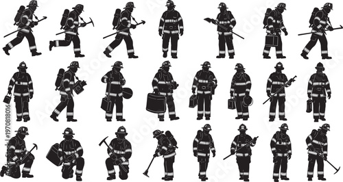Set of firefighter silhouettes, brave rescue workers in uniform holding equipment, vector illustration isolated on a white background, emergency concept.