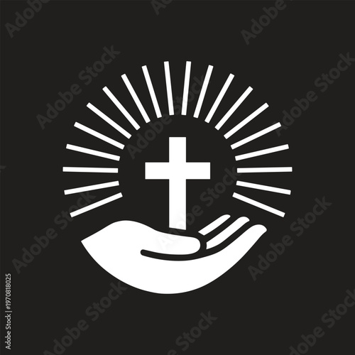 White hand holding a cross with sun rays symbolizing faith and spirituality
