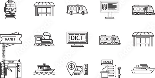 Set of public transportation line icons, featuring train, bus, boat, subway, transit ticket, and station elements on white background vector.
