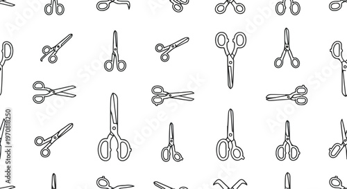 Seamless pattern of various hand-drawn scissors illustrations on a white background, a creative design element