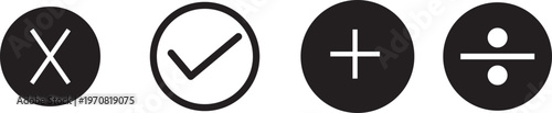 Icons of checkmark plus minus and multiply on white background