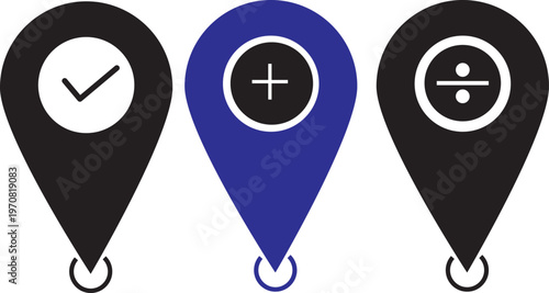 Map pin icons with checkmark plus and minus signs for navigation and location marking