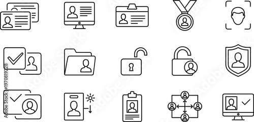 User identity line icons, ID card, login, access control, user profile, authentication outline vector icon set collection