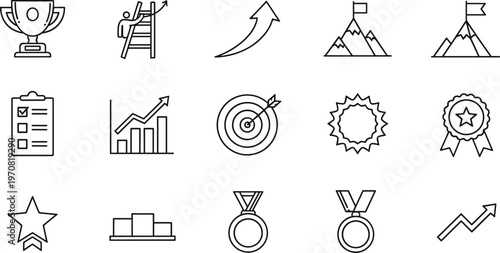 Set of Achievement, Success, and Goal-Oriented Icons with Trophies, Medals, Targets, and ProgressPrint