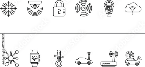 Smart technology line icons, IoT devices, security, wifi, cloud, smart car, wearable, sensor outline vector icon set