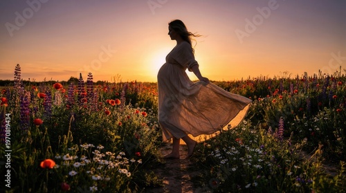 Silhouetted pregnant woman in flowing dress standing in vibrant flower field at sunset, with warm golden light and colorful wildflowers under a serene sky