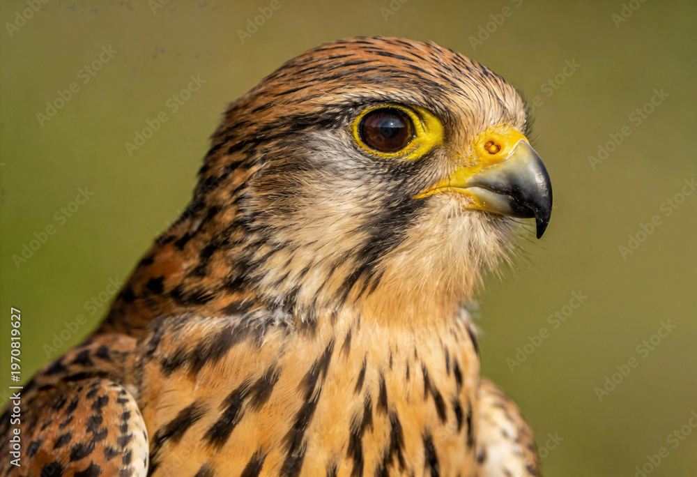 Obraz premium Close-up of a kestrel with vibrant yellow eyes and sharp beak